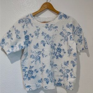 Blue White Toile Floral Print Fuzzy Short Sleeve Sweater L  Cottagecore Coquette